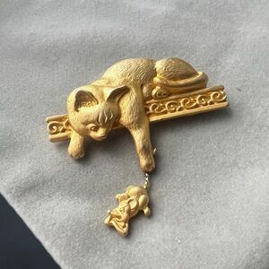 Gold Cat Brooch with Dangling Charm